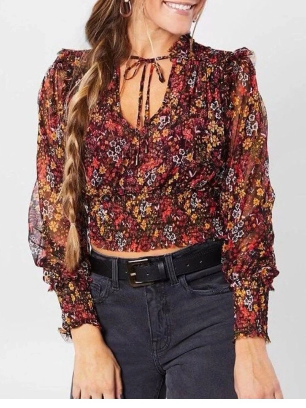 Free People Twyla Sheer Floral Mesh Smocked Blouse Ruffle Shoulder Size L